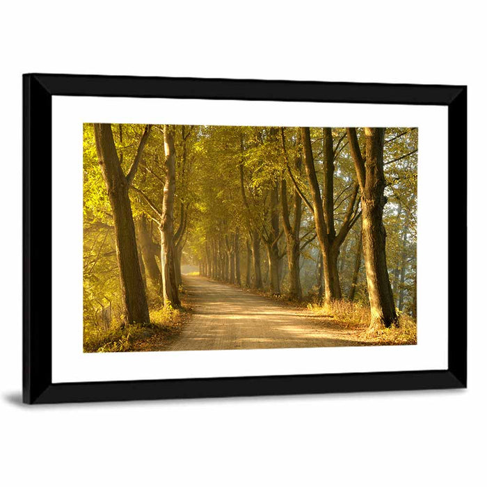 Autumn Road Through Golden Forest Wall Art as a framed print