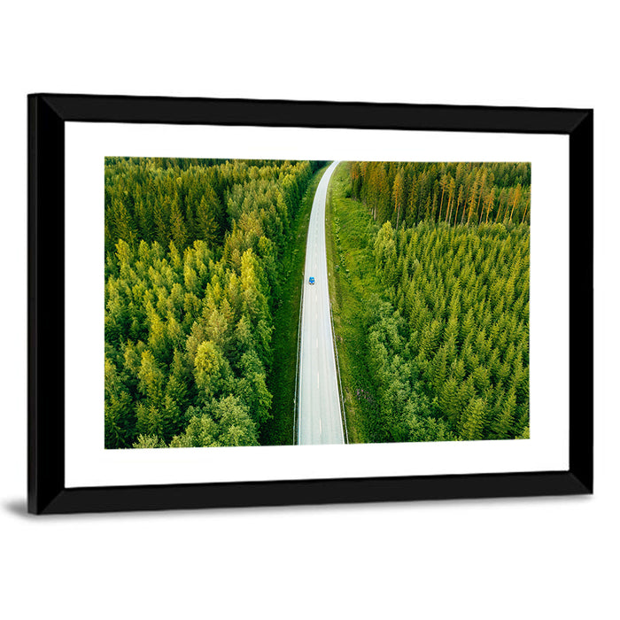 Blue Car on Forest Road Wall Art as a framed print