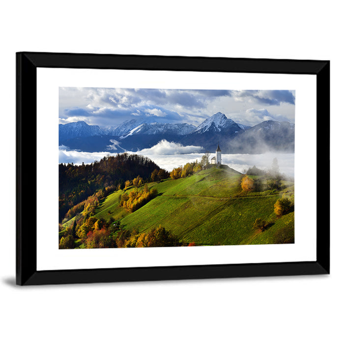 Jamnik Church on Misty Hill Wall Art as a framed print