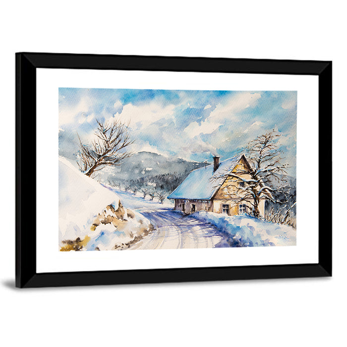 Snowy Mountain Cottage on Curved Path Wall Art as a framed print