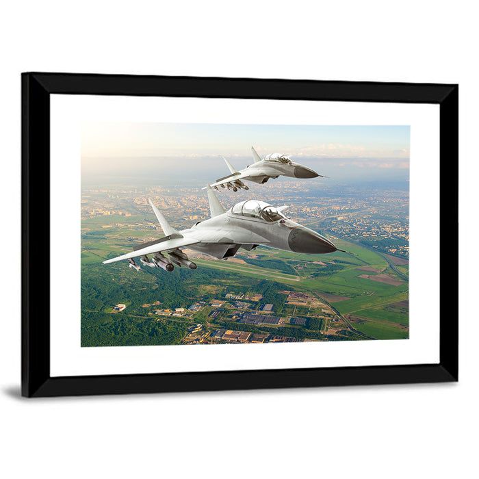 Twin Fighter Jets Over Cityscape Wall Art as a framed print