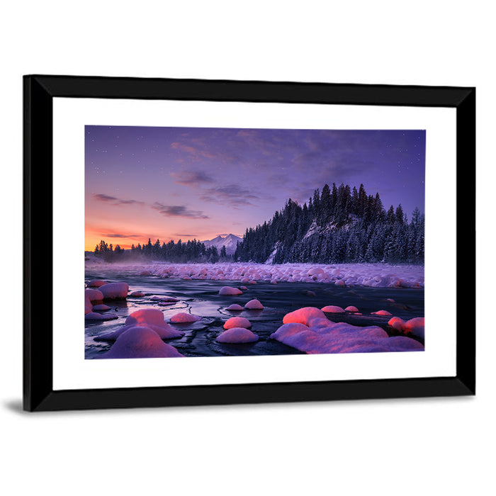 Twilight River and Snowy Pines Wall Art as a framed print