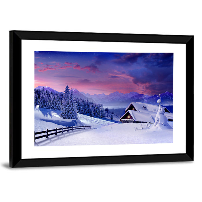 Snowy Mountain Cabin Wall Art as a framed print