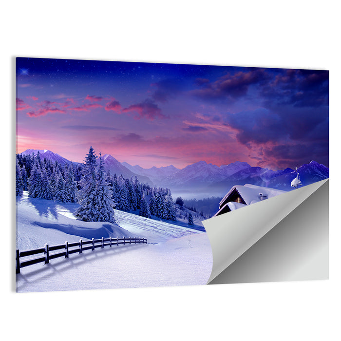 Snowy Mountain Cabin Wall Art as a poster print