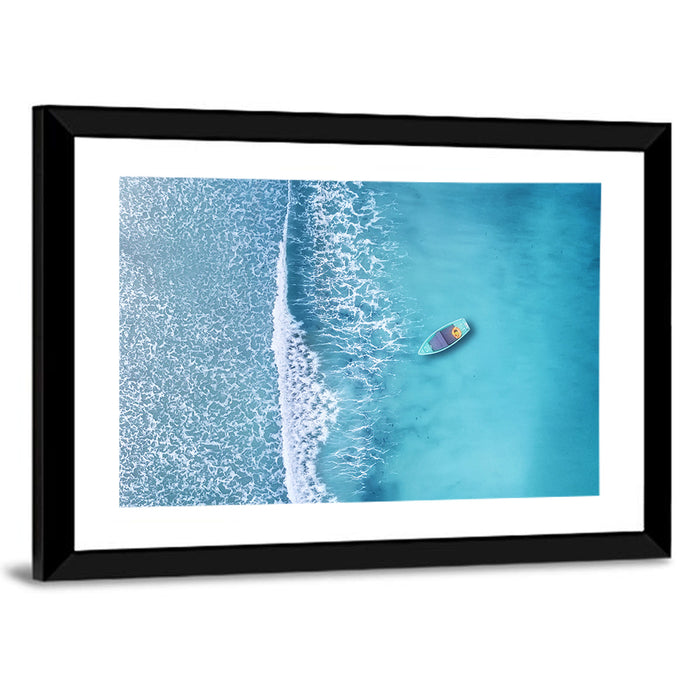 Lone Boat Over Turquoise Waves Wall Art as a framed print