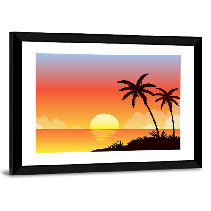 Tropical Beach Sunset Illustration Wall Art as a framed print