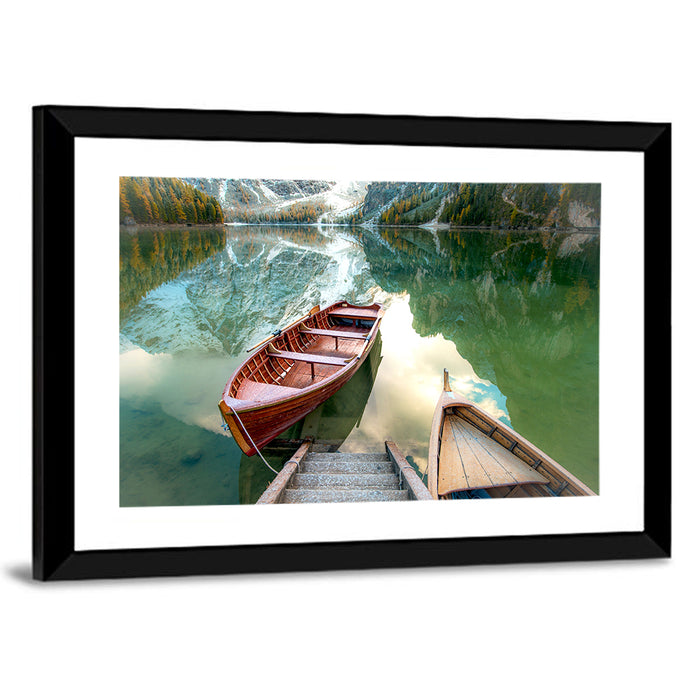 Autumn Lake with Wooden Boats Wall Art as a framed print