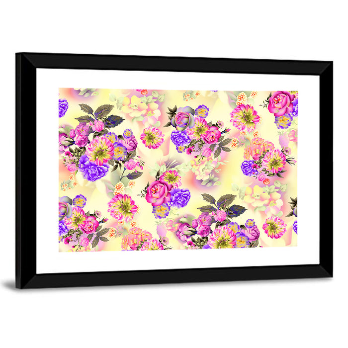 Roses and Iris Floral Pattern Wall Art as a framed print
