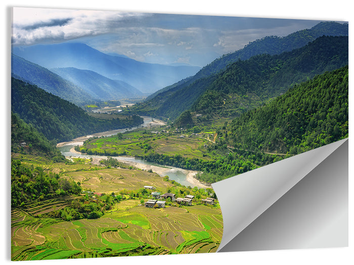 Punakha River Valley with Terraced Rice Fields Wall Art as a poster print