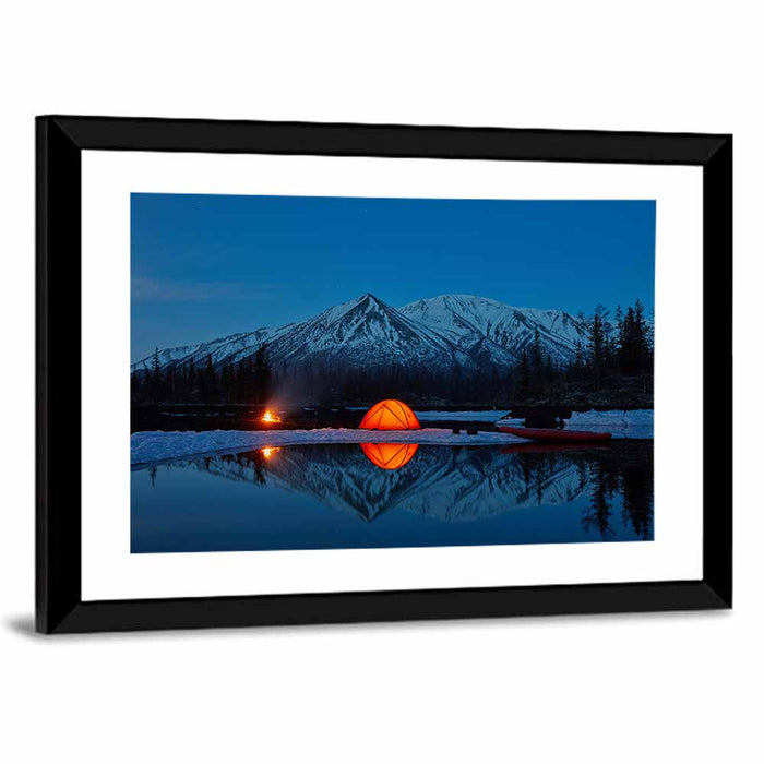 Glowing Tent at Mountain Lake Wall Art as a framed print