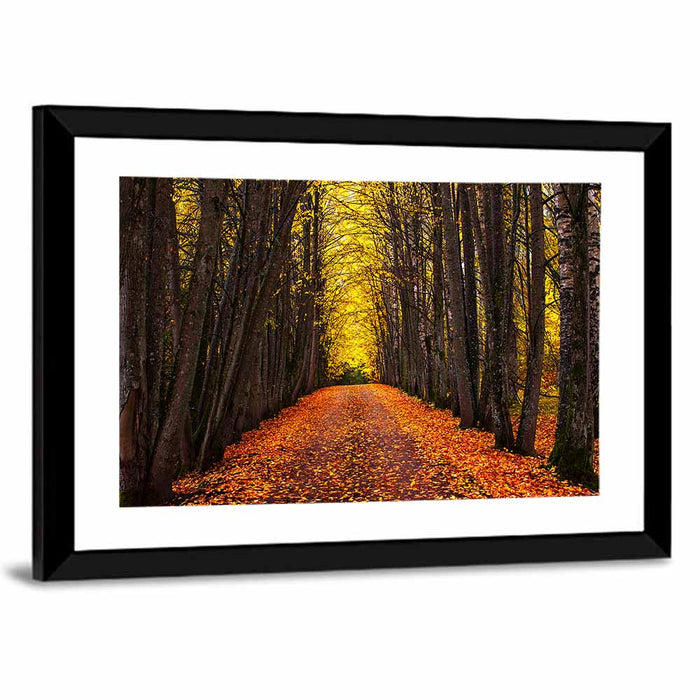 Autumn Park Path Under Yellow Canopy Wall Art as a framed print