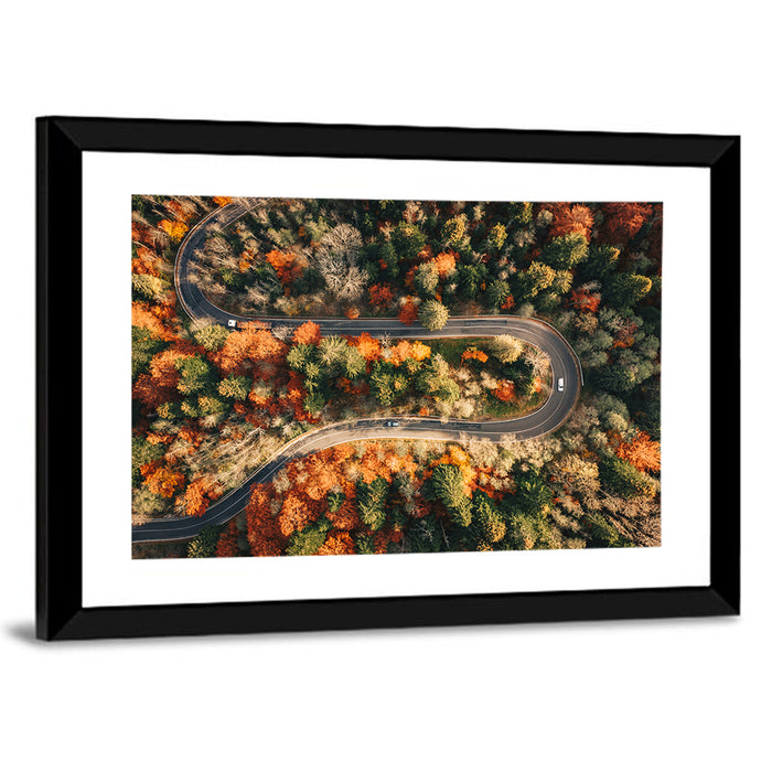 Aerial Winding Autumn Forest Road Wall Art as a framed print
