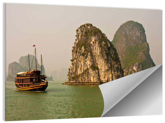 Ha Long Bay Junk Boat and Karst Cliffs Wall Art as a poster print