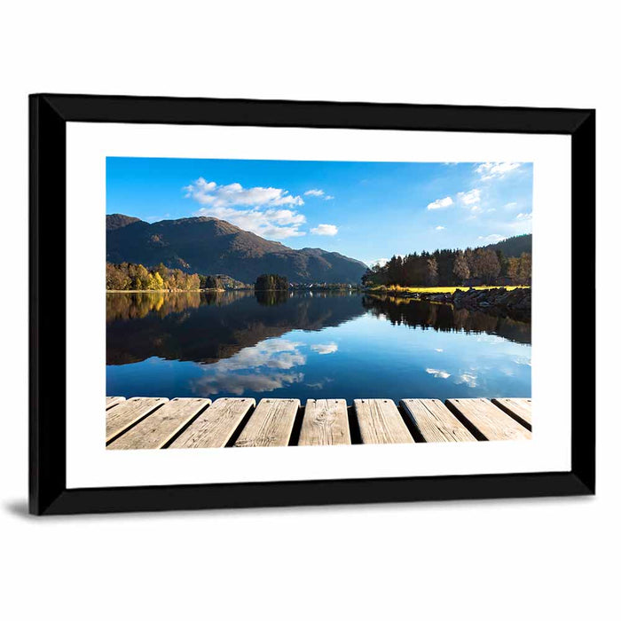 Mountain Lake Boardwalk Reflection Wall Art as a framed print