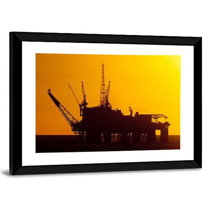 Oil Rig Silhouette at Sunset Wall Art as a framed print