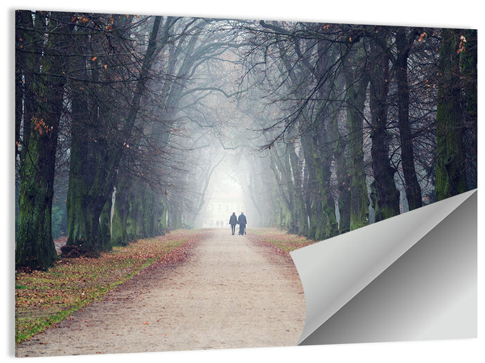Foggy Tree Lined Walkway in Autumn Wall Art as a poster print