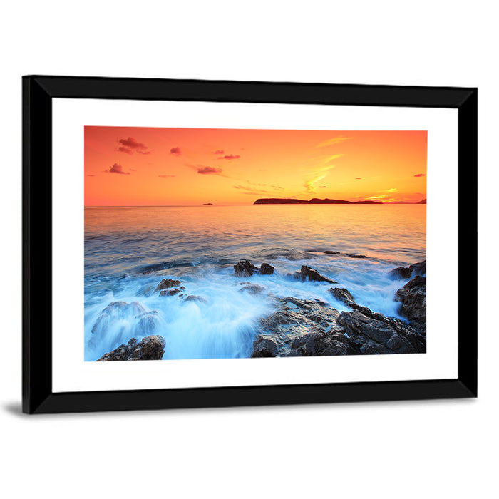 Dubrovnik Sunset Over Rocky Shore Wall Art as a framed print