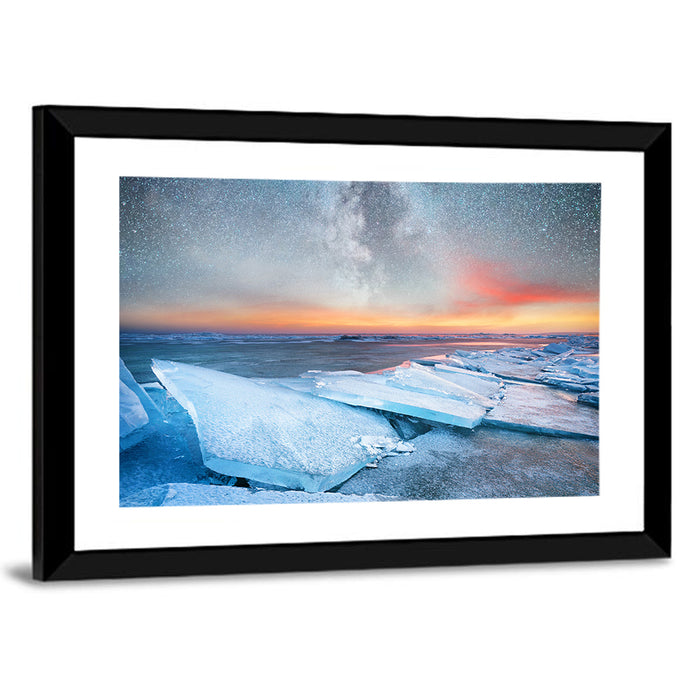 Milky Way Over Frozen Shore Wall Art as a framed print