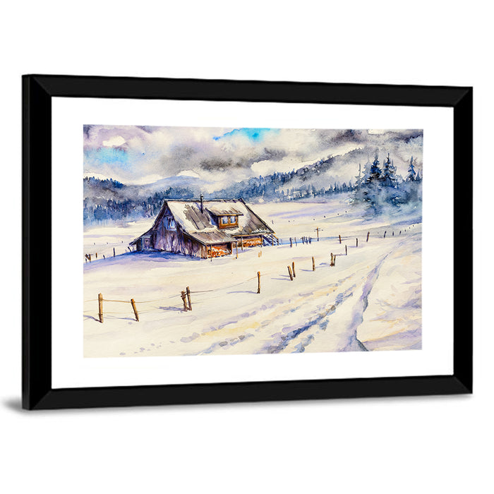 Snowy Mountain Cabin Landscape Wall Art as a framed print