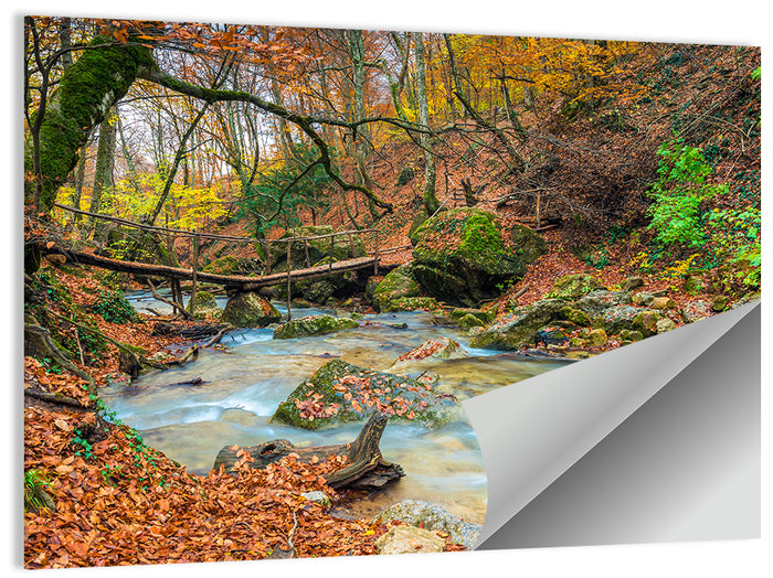Mossy Footbridge in Autumn Forest Wall Art as a poster print