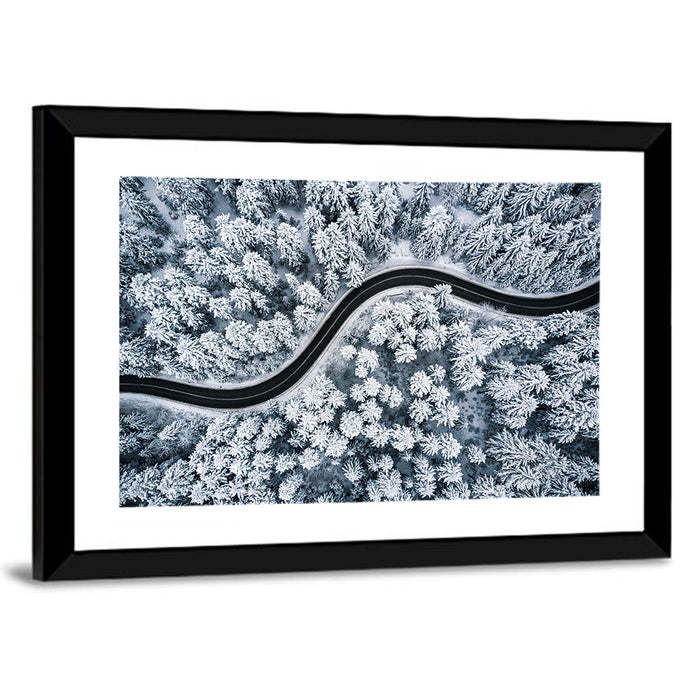 S-curve Winter Forest Road Wall Art as a framed print