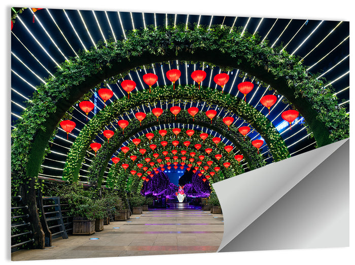 Red Lantern Trellis Tunnel Wall Art as a poster print