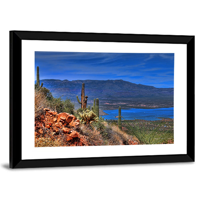 Roosevelt Lake Saguaro Vista Wall Art as a framed print