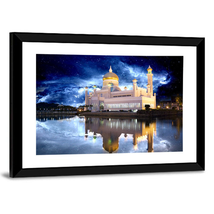 Omar Ali Saifuddien Mosque at Night Wall Art as a framed print