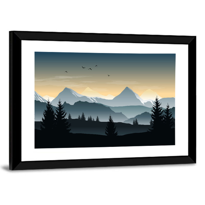 Misty Hills Sunset Silhouette Wall Art as a framed print