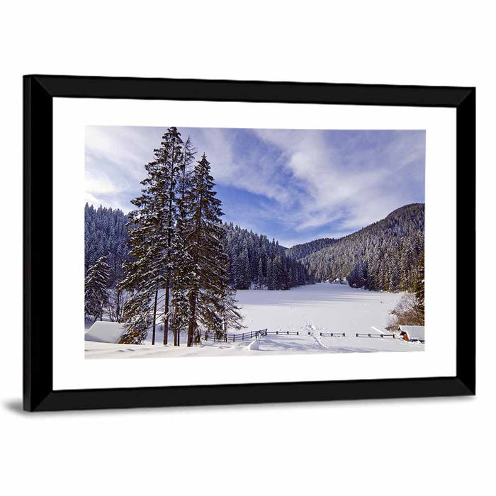 Red Lake Romania Winter View Wall Art as a framed print