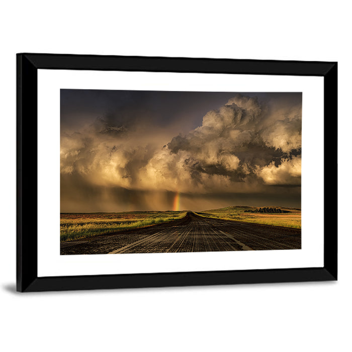 Rain-soaked Road to Rainbow Wall Art as a framed print