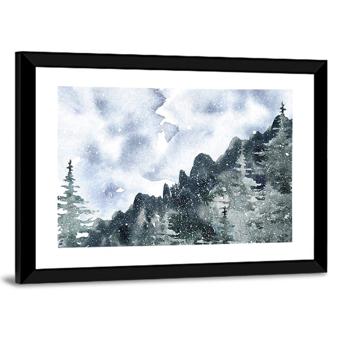 Snowfall Mountain Forest Illustration Wall Art as a framed print