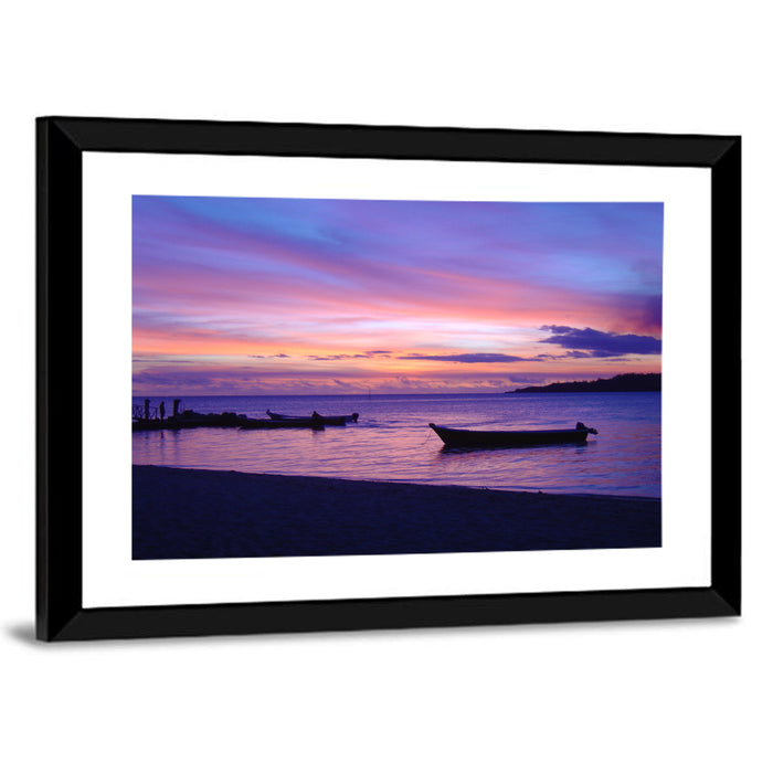 Malolo Island Sunset with Moored Boats Wall Art as a framed print