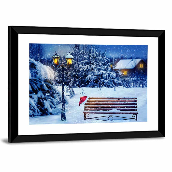Snowy Bench in Winter Forest Wall Art as a framed print