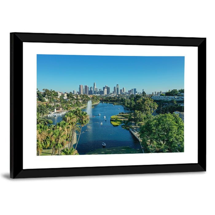 Echo Park Fountain and Downtown Skyline Wall Art as a framed print