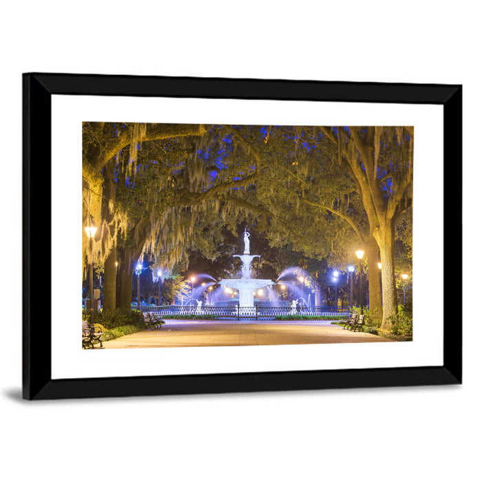 Forsyth Park Fountain at Night Wall Art as a framed print