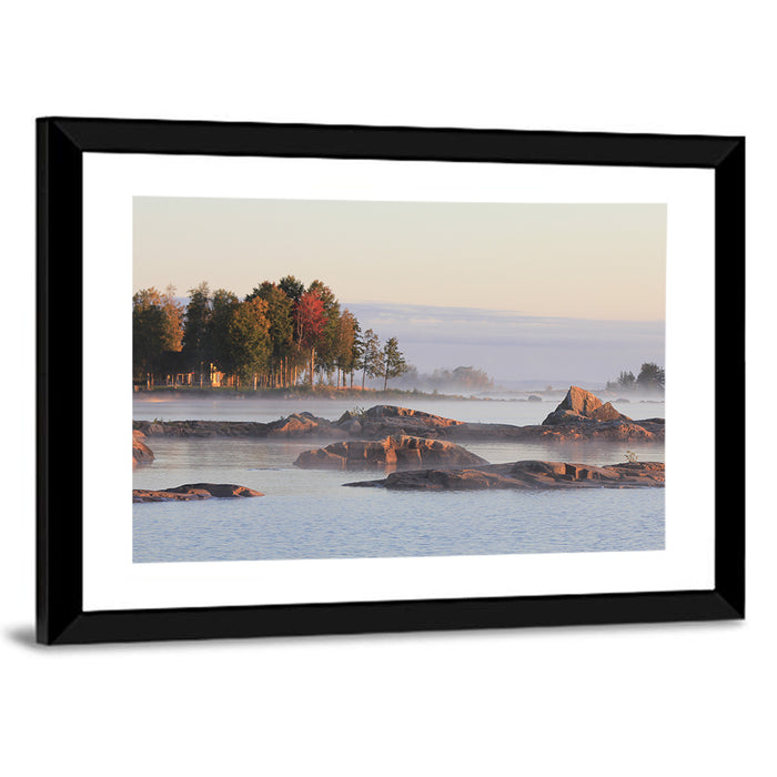 Lake Vanern Misty Shoreline Wall Art as a framed print