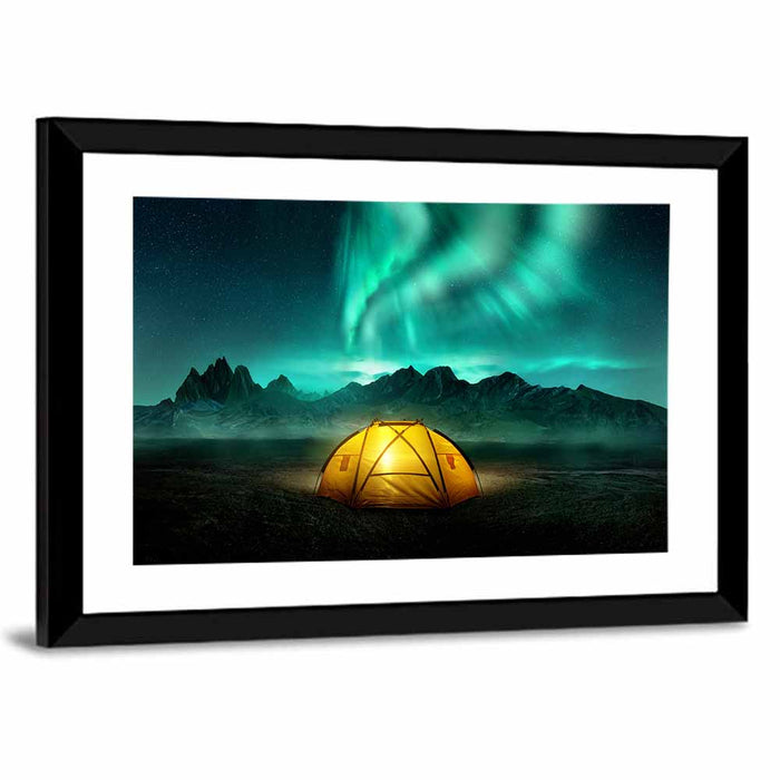 Tent Beneath Aurora Borealis Wall Art as a framed print