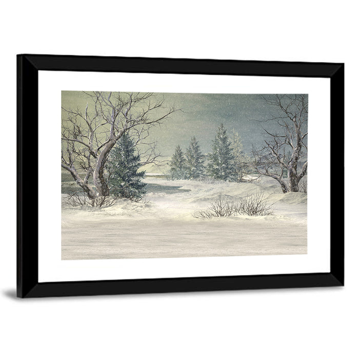 Snowy Forest with Frozen Pond Wall Art as a framed print