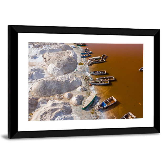 Lac Rose Boats and Salt Mounds Wall Art as a framed print
