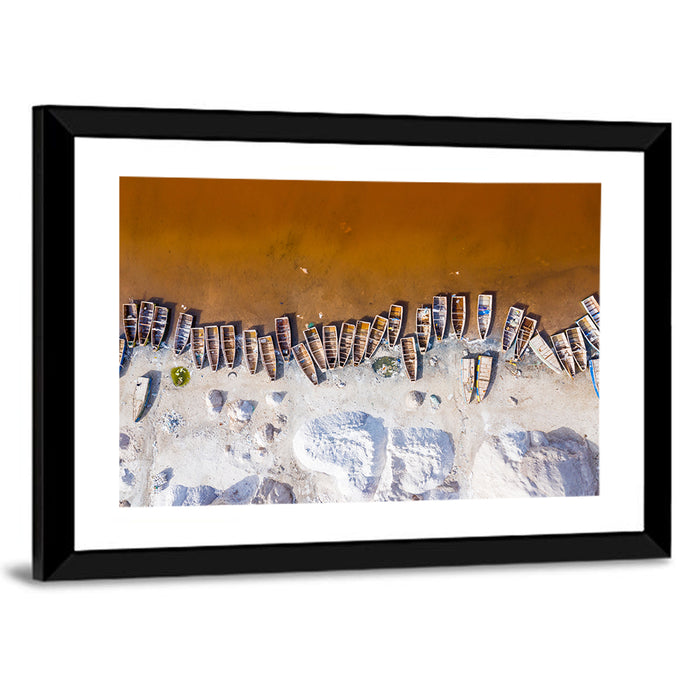 Lac Rose Boats Aerial View Wall Art as a framed print