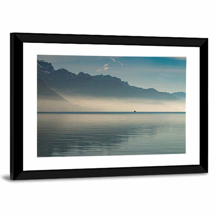 Lake Annecy Misty Mountains Wall Art as a framed print