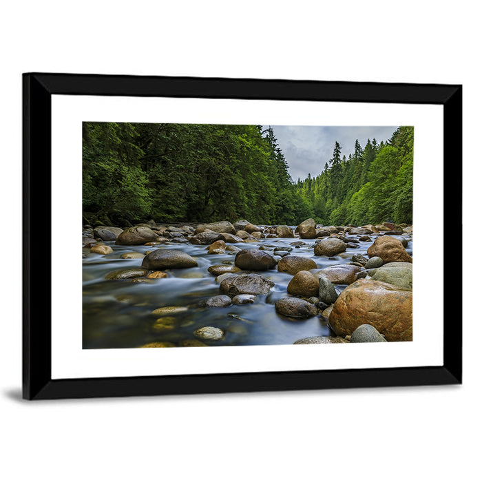 Lynn Canyon Riverbed Forest Wall Art as a framed print