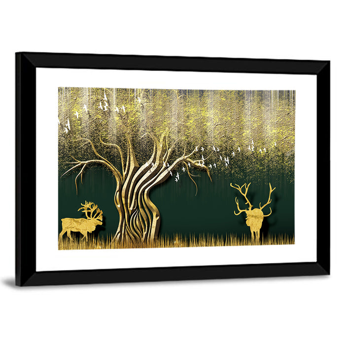 Golden Deer and Tree Illustration Wall Art as a framed print