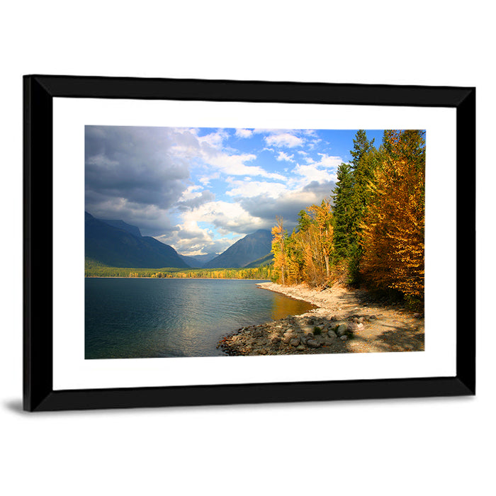 Lake Mcdonald Autumn Shoreline Wall Art as a framed print