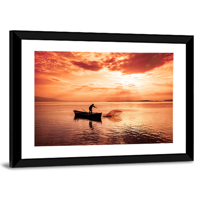 Uluabat Lake Fisherman at Dusk Wall Art as a framed print