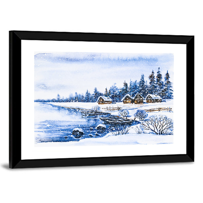 Snowy Village by Frozen Lake Wall Art as a framed print