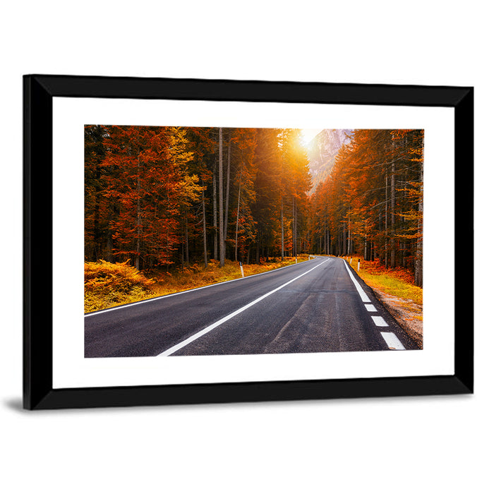 Golden Hour Forest Road Wall Art as a framed print