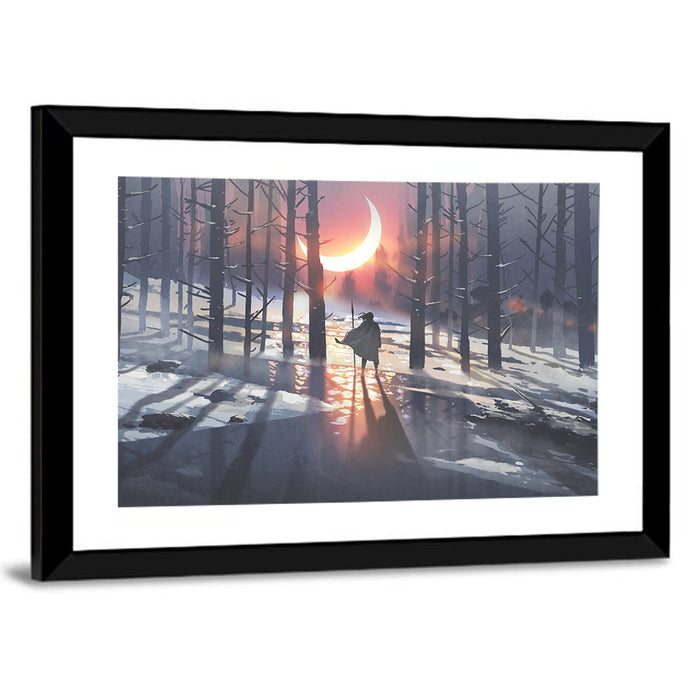 Lone Traveler in Winter Forest Wall Art as a framed print