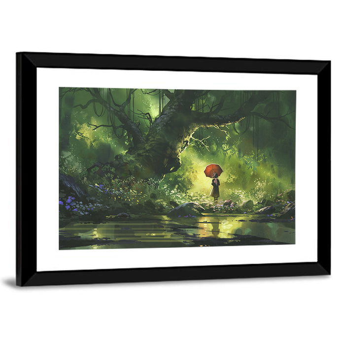Girl with Umbrella in Mysterious Forest Wall Art as a framed print